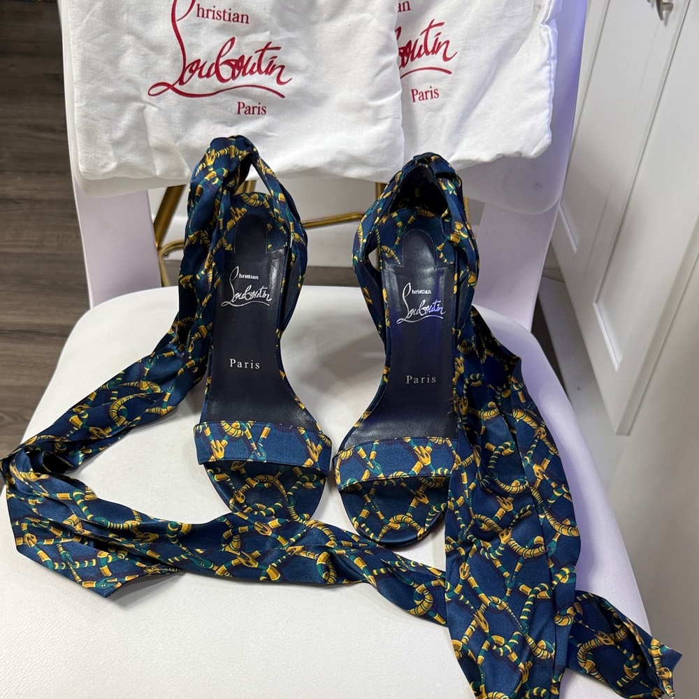 Christian Louboutin Navy and Gold Patterned Silk Wrap Heels